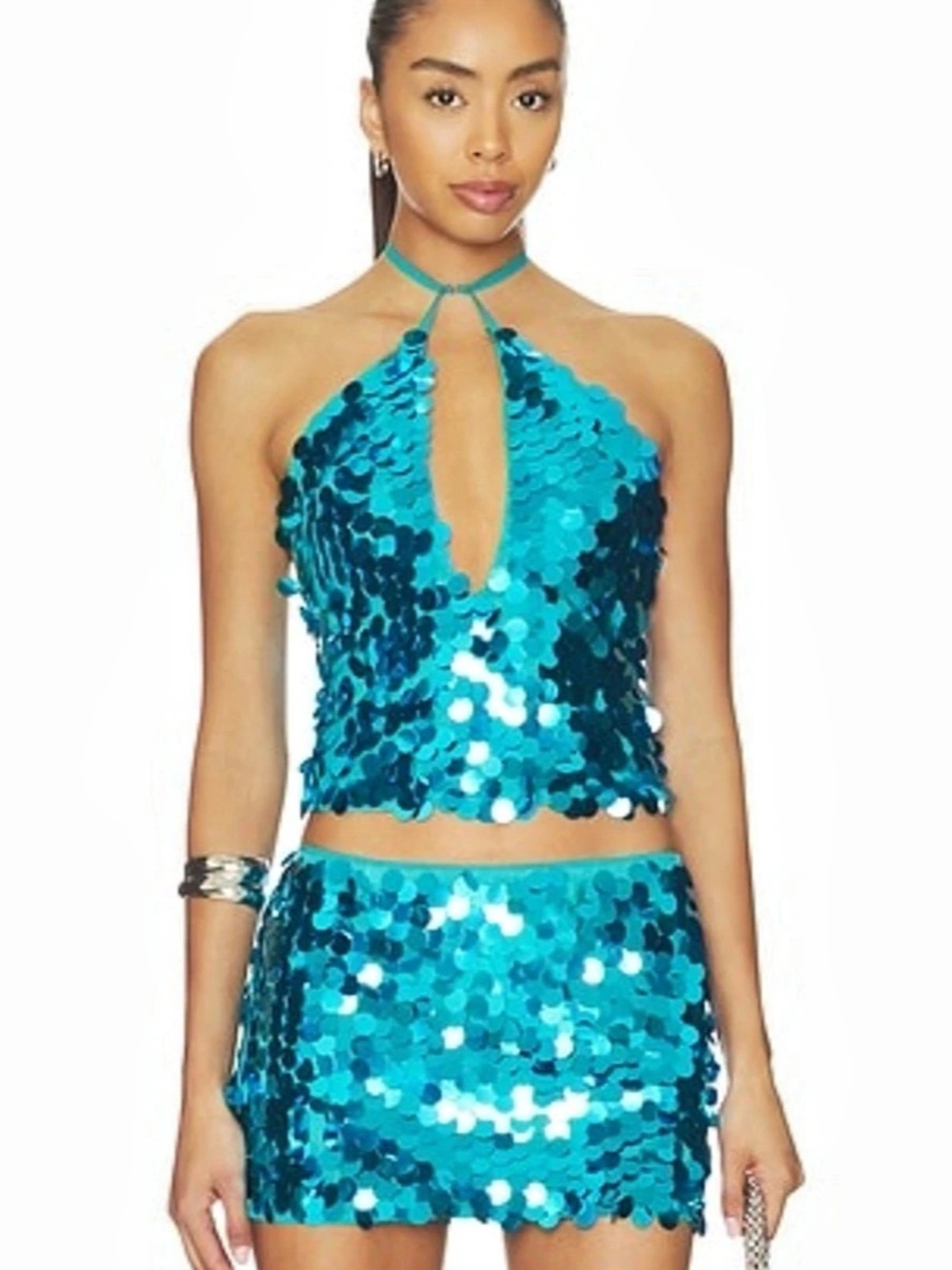 NWT Superdown Celia Halter Top in Turquoise - Sequin Halter Turquoise Top